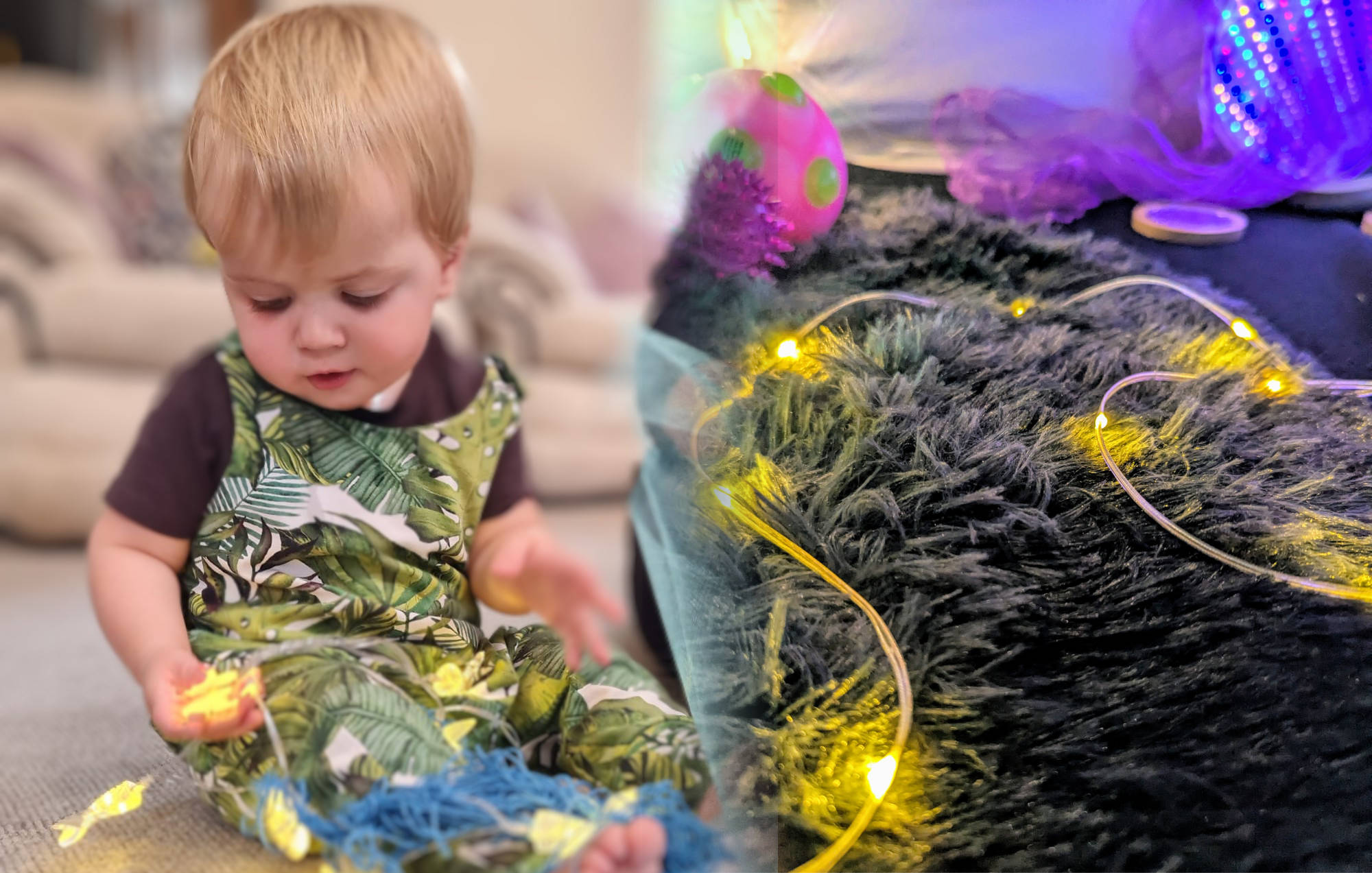 Child sat playing with toy lights and lights shinning over furry rug collage
