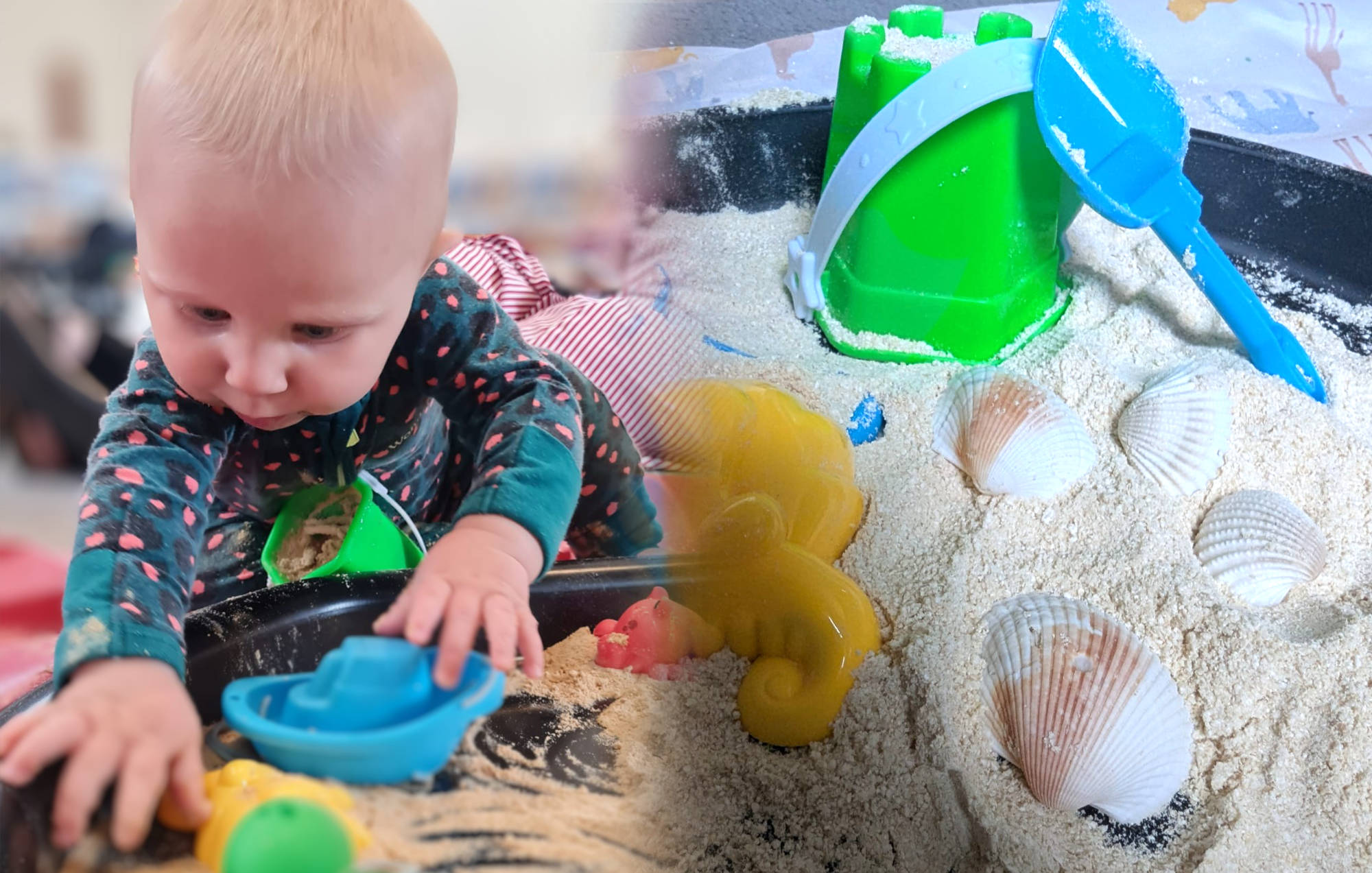 Overhead view of a baby playing with a plastic spade in a circular sandpit. There is a bright green bucket and a few shells on the sand too.
