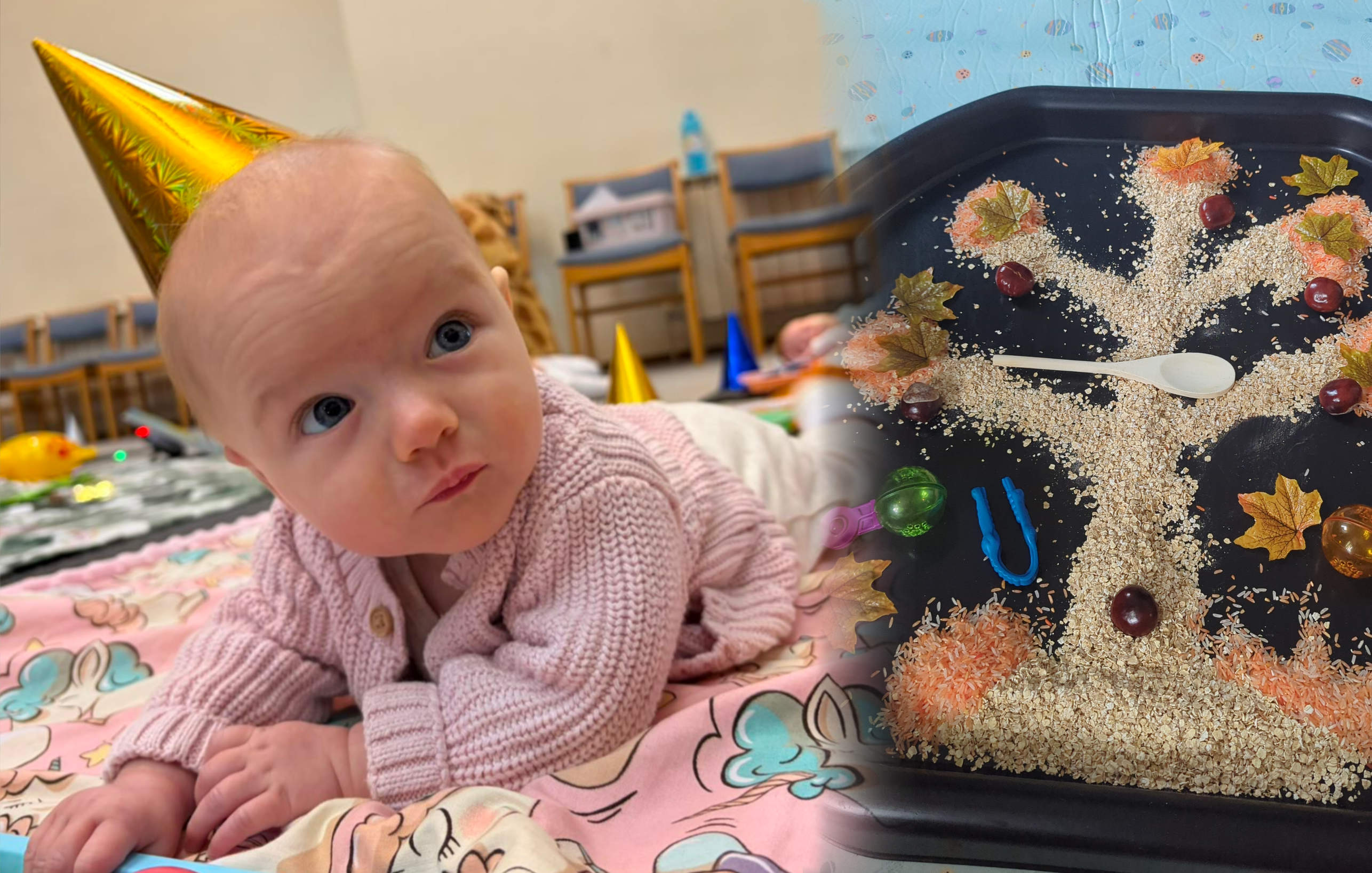 Baby led on a pink colourful baby mat with pink jumper and gold party hat